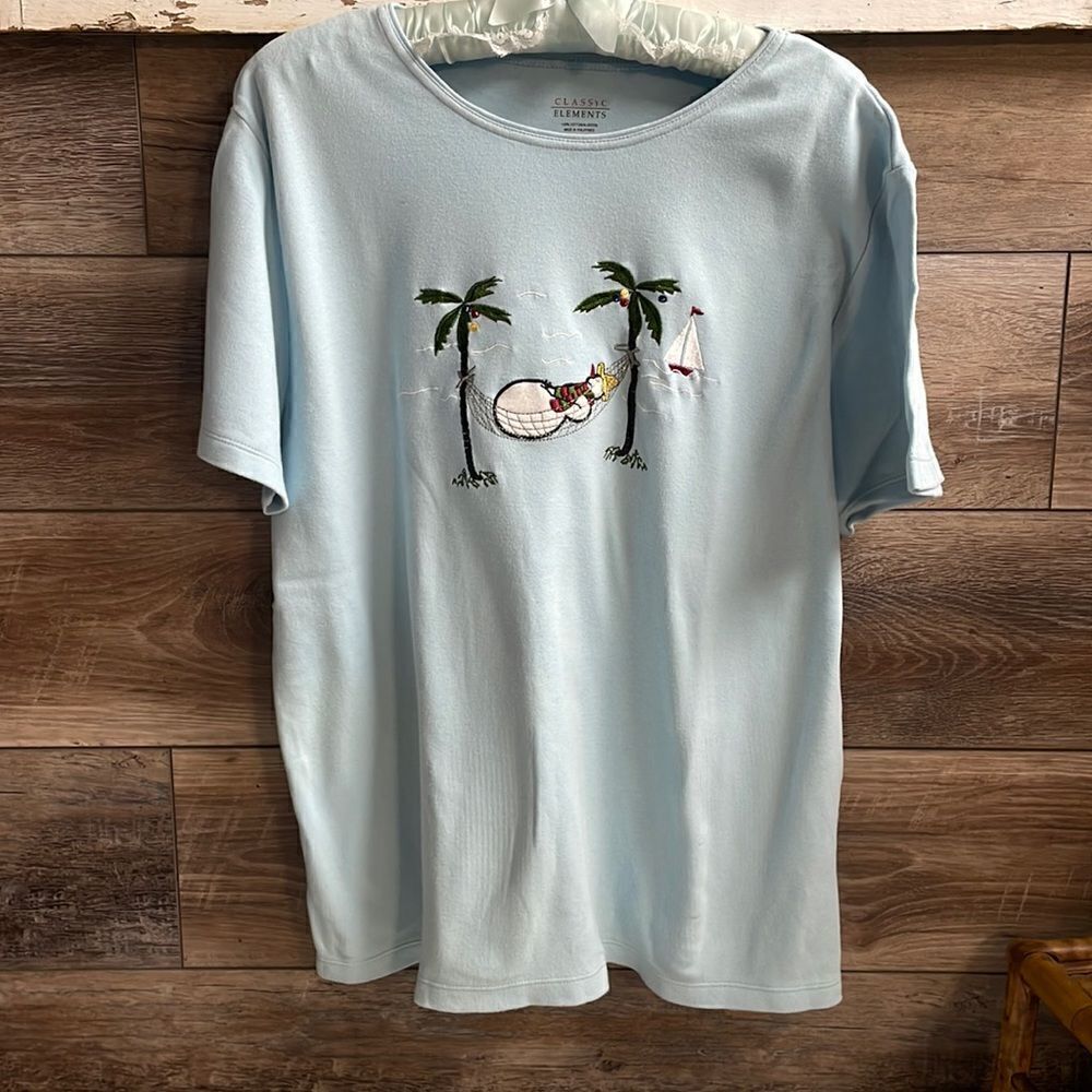 Classic Elements Ladies Snowman and Palm Trees Top, Short Sleeve, XL, Sky Blue